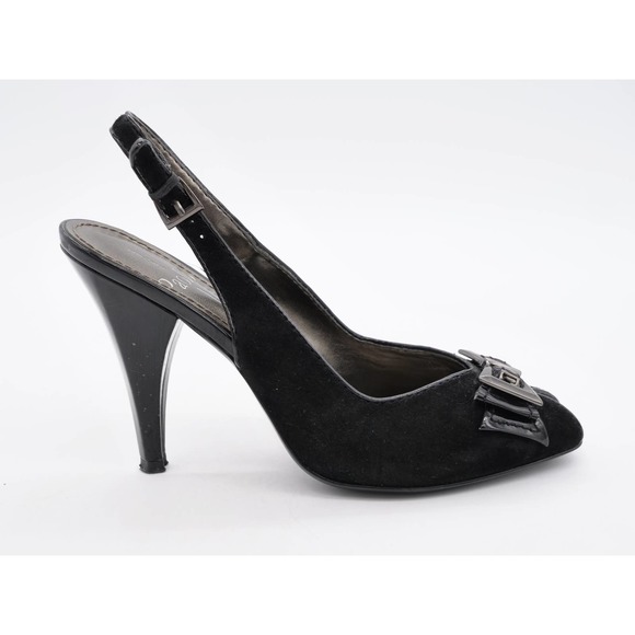 Linea Paolo Sandals Womens 7 Black Suede Buckle Bow Cone Heel Slingback Peep Toe - Picture 4 of 11